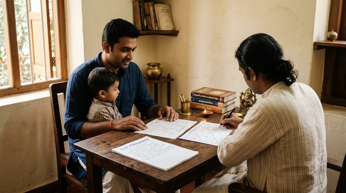 A father holding his child while a consultant writes out the birth chart